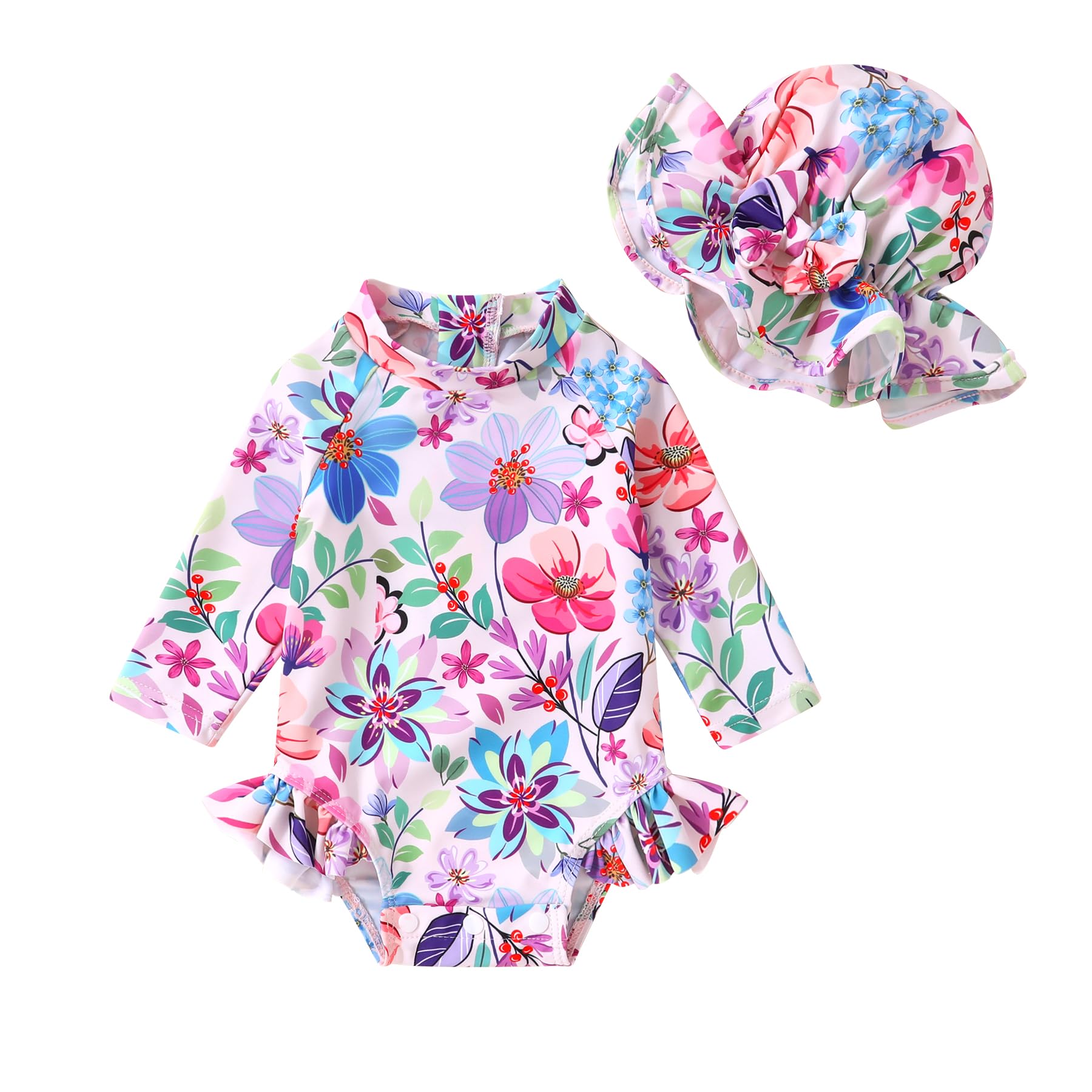 Infant Baby Girl Swimsuit One-Piece Long Sleeve Rash Guard with Hat Set Floral Zipper Bathing Suit Leopard Beach Wear
