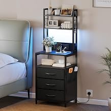 Bedside Table with Charging Function & LED Side Table with 3 Fabric Drawers Bedside Cabinet with Bookcase Open Compartment 2 AC 1 USB & 1 Type C Ports for Bedroom Living Room Office Black