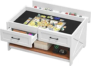 DWVO Farmhouse Living Room Coffee Table: 3-in-1 Game & Puzzle Table with Play Mat, 4 Drawers, Power Outlet, Removable Top Walnut