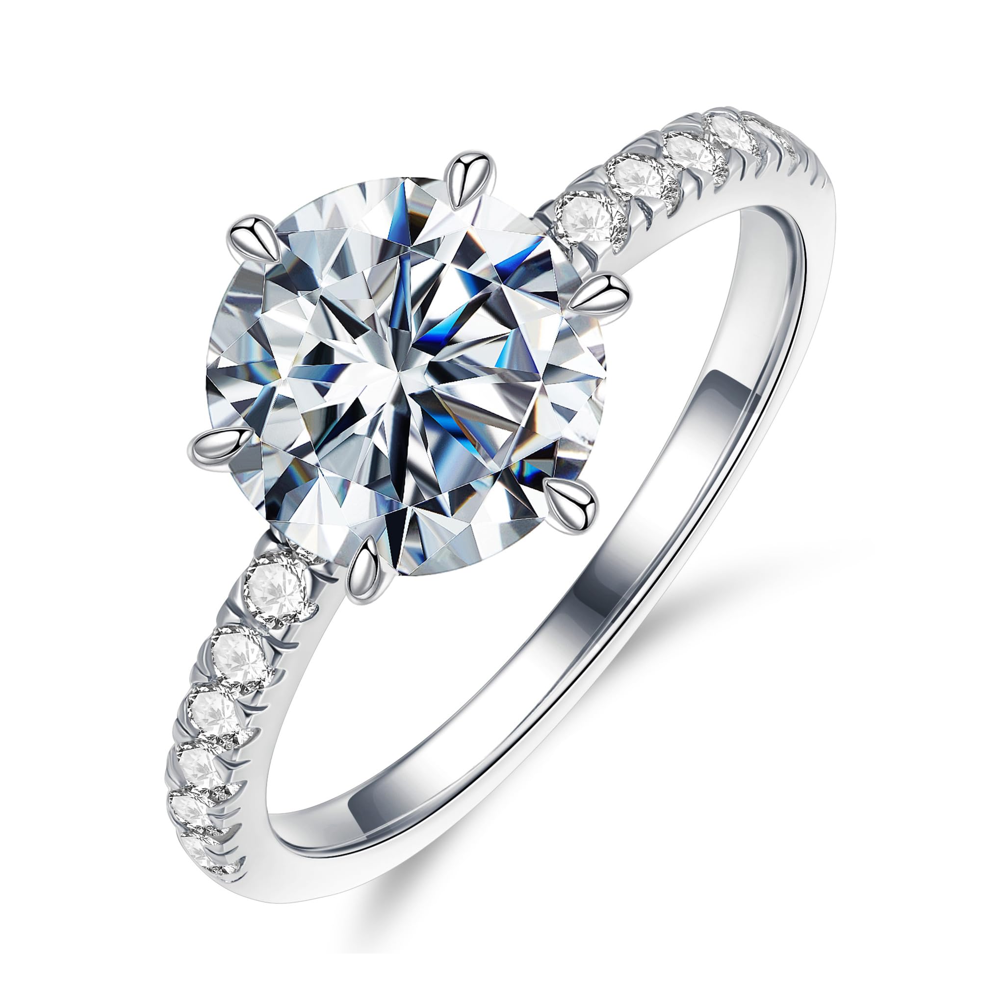 MOOSEA 3ct Moissanite Engagement Rings for Women - Round Cut Lab Created Wedding Band 14K White Gold Plated 925 Sterling Silver Moissanite Ring