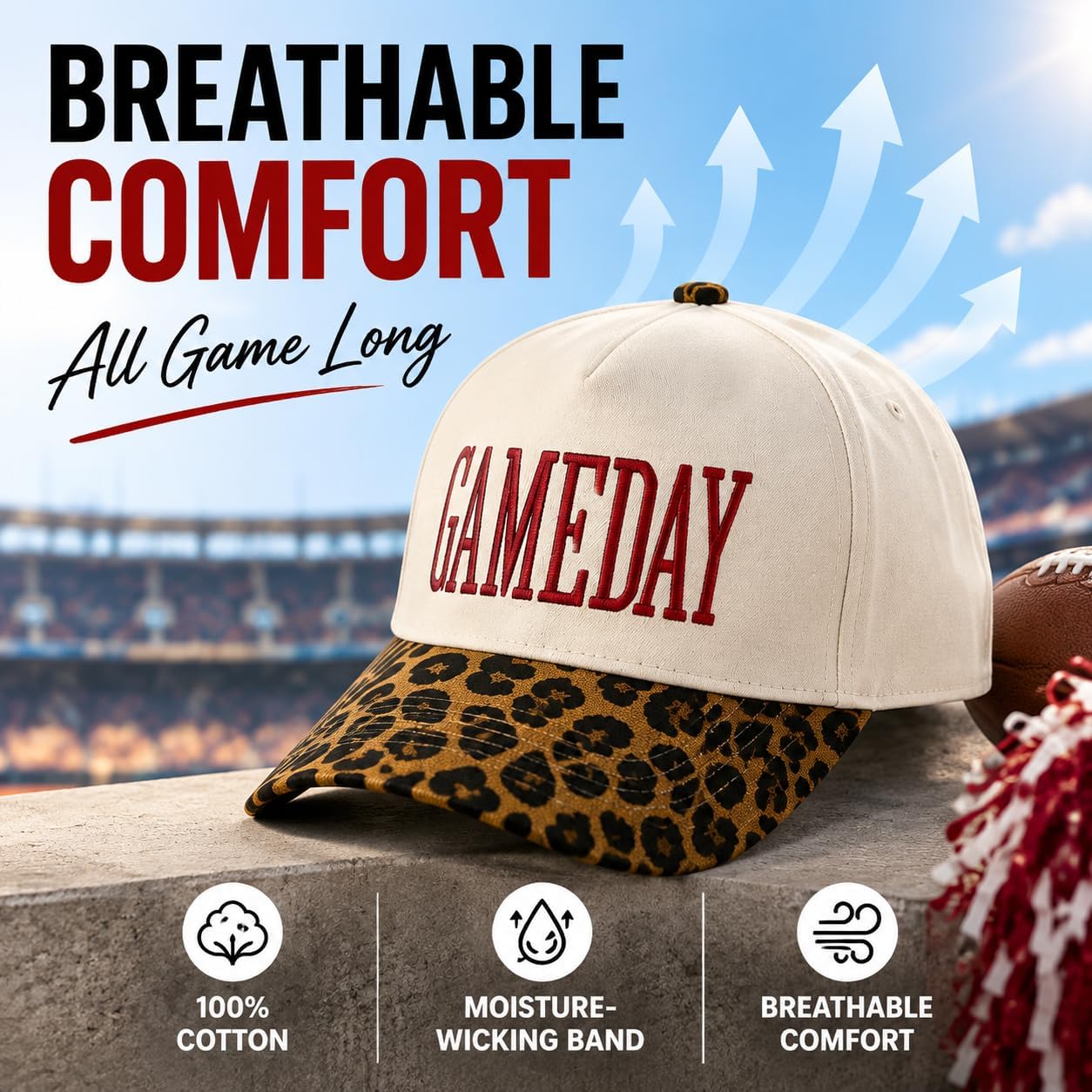 Game Day 3D Puff Embroidered Baseball Cap, Two Tone Vintage Hat for Women Men Mom, Sports Fan Gift for Football Basketball