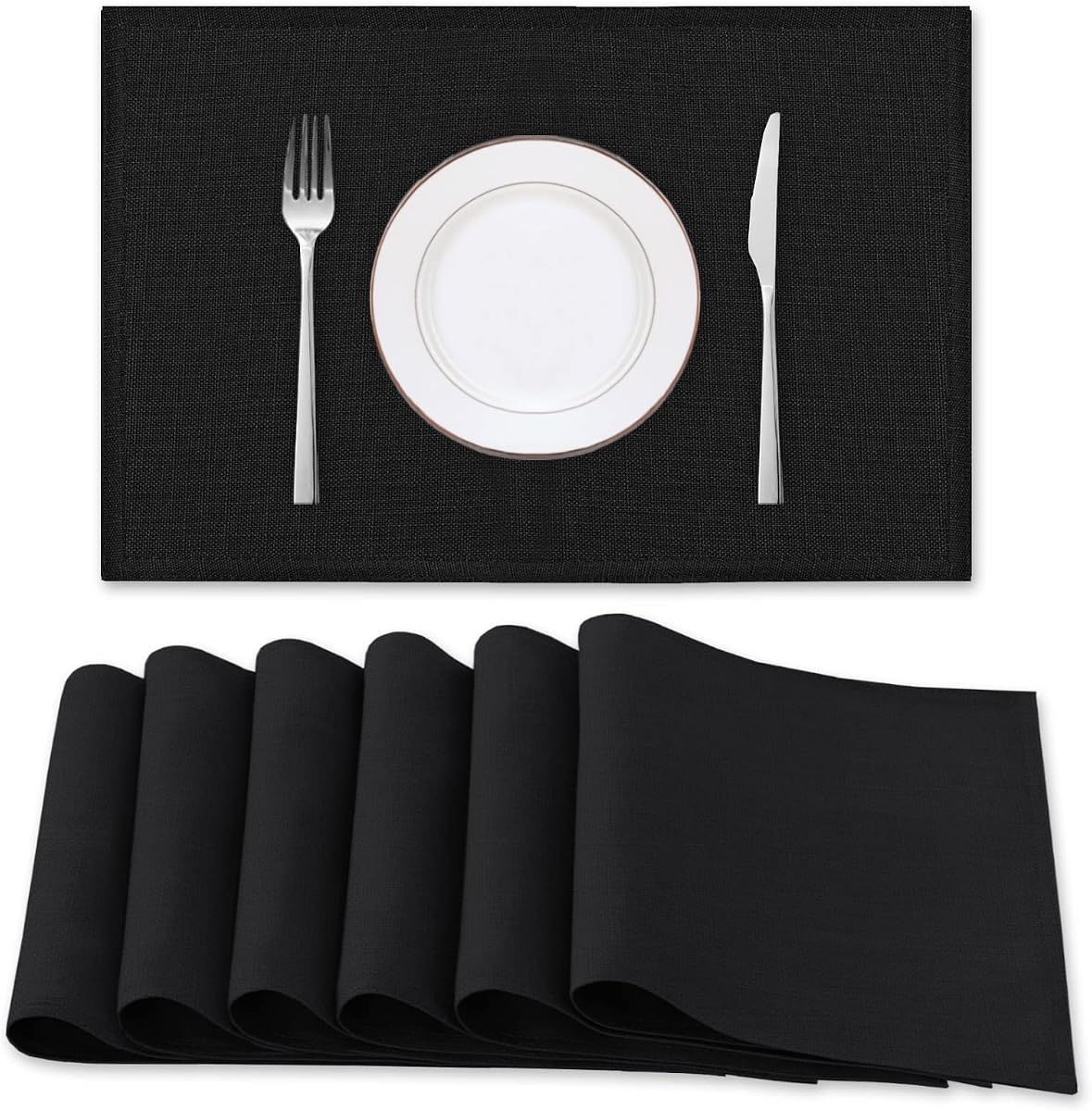 H.VERSAILTEX Linen Placemats Set of 6 Premium Solid Table Placemats for Dining Table Spill-Proof Waterproof Table Mats Heat-Resistant Kitchen Table Mats Washable, 12x18 inches, Black