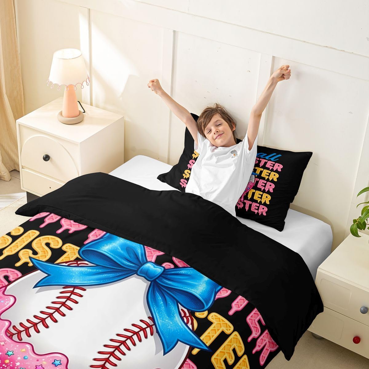 jejeloiu Baseball Duvet Cover Toddler Size Bowknot Comforter Cover for Boys Girls Ice Cream Drip Bedding Set 2Pcs Gaming Sports Room Decor Ball Game