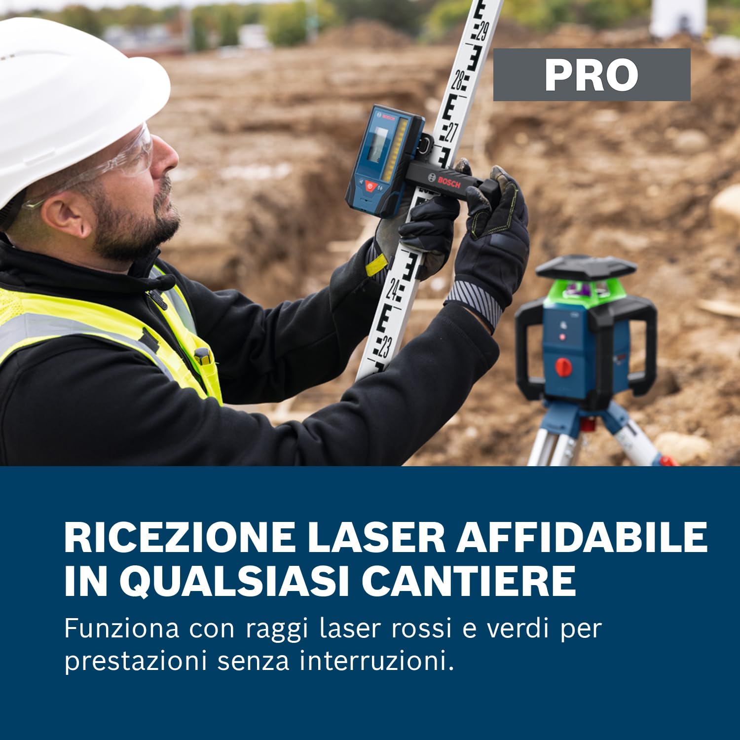 Bosch PRO Ricevitore Laser Rotante LR3-2 (indicatori su due lati, area di ricezione da 80 mm, compatibile con livelle laser rotanti verdi e rosse, magneti integrati)
