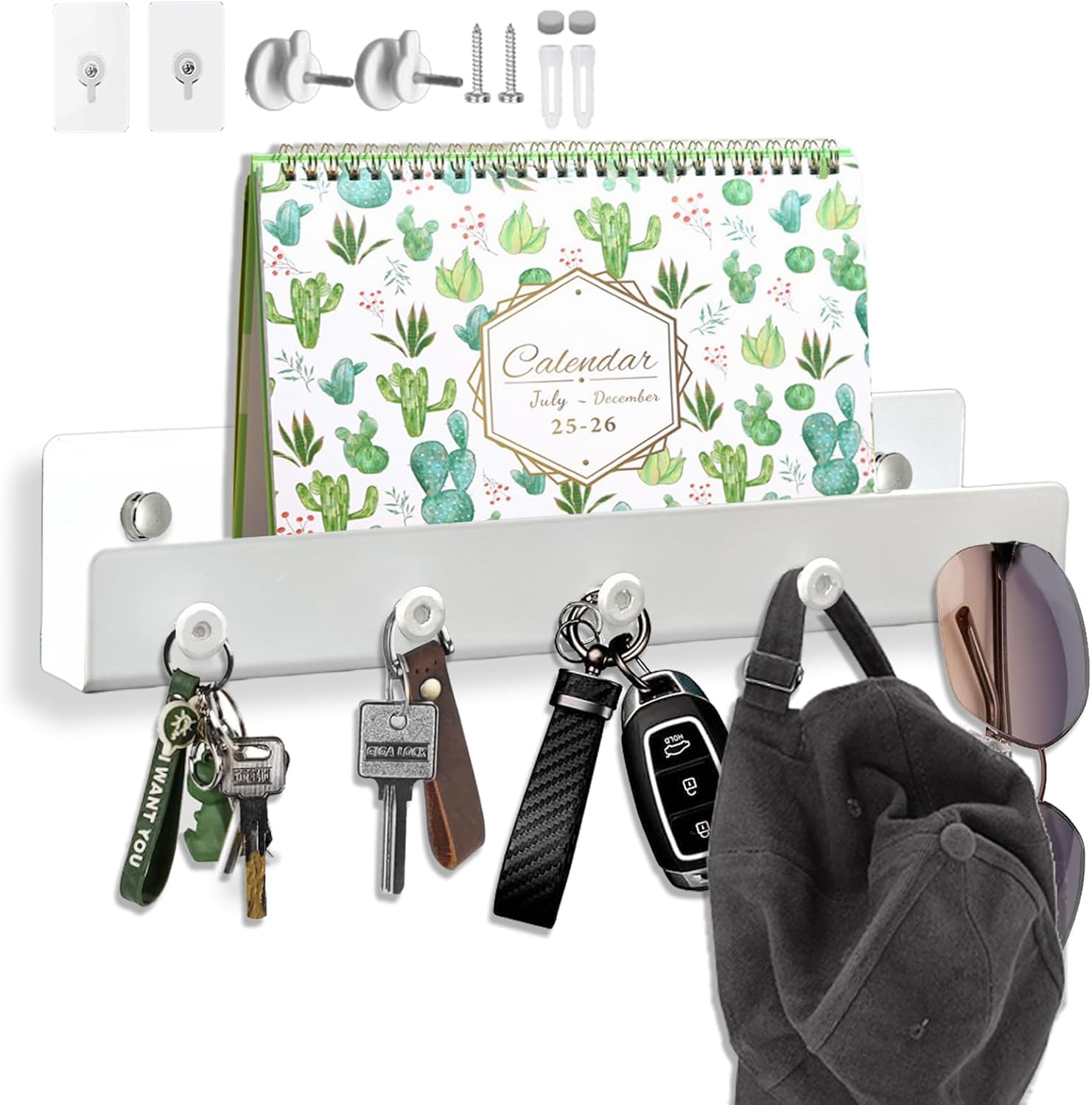 Metal Key Holder with 5 Hooks and Shelf Triple Mount for Keys, Coat, Umbrella, Sunglasses, Jewellery and Necklaces - White