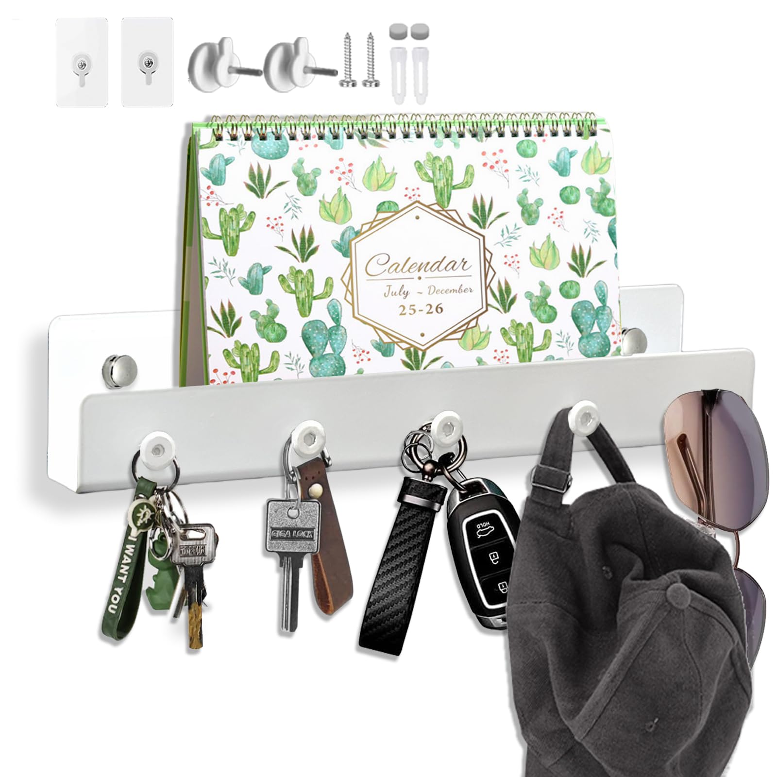 Echehi 5 Hooks Metal Key Holder with Shelf, 3 Way Mounting, Space-Saving Design for Home & Office. White