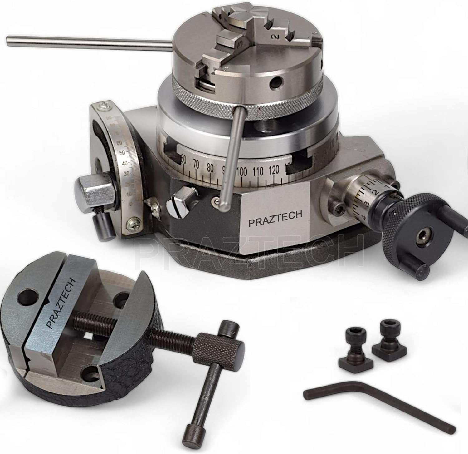 3" (80mm) Tilting Rotary Table for Milling Machine with 65mm 3-Jaw Self Centering Chuck, Round Vise, Back Plate & T-Nuts | 4 Slot, 36:1 Worm Gear | Precision Indexing Table