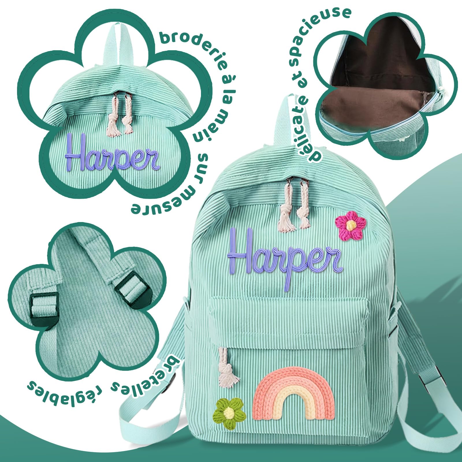 Sac à Dos Enfant Personnalisé en Velours Côtelé avec Prénom Brodé – Cartable Maternelle à Cordon en Coton, Sac Monogrammé pour Fille et Garçon, Idée Cadeau Rentrée Scolaire (Style 1)