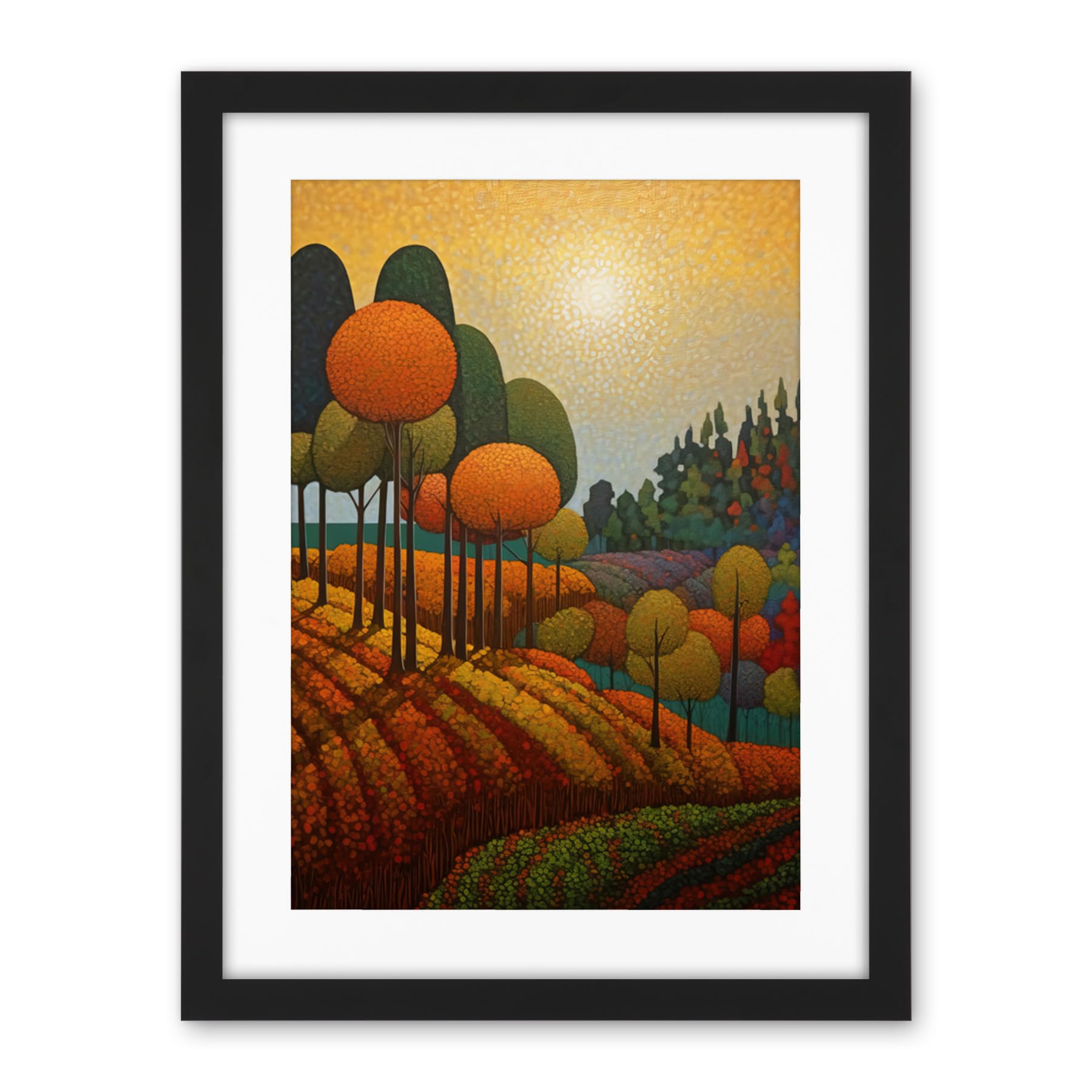 Artery8 Autumn Fields Pointillism Painting Amber Orange Green Countryside Landscape Artwork Framed Wall Art Print 18X24 Inch