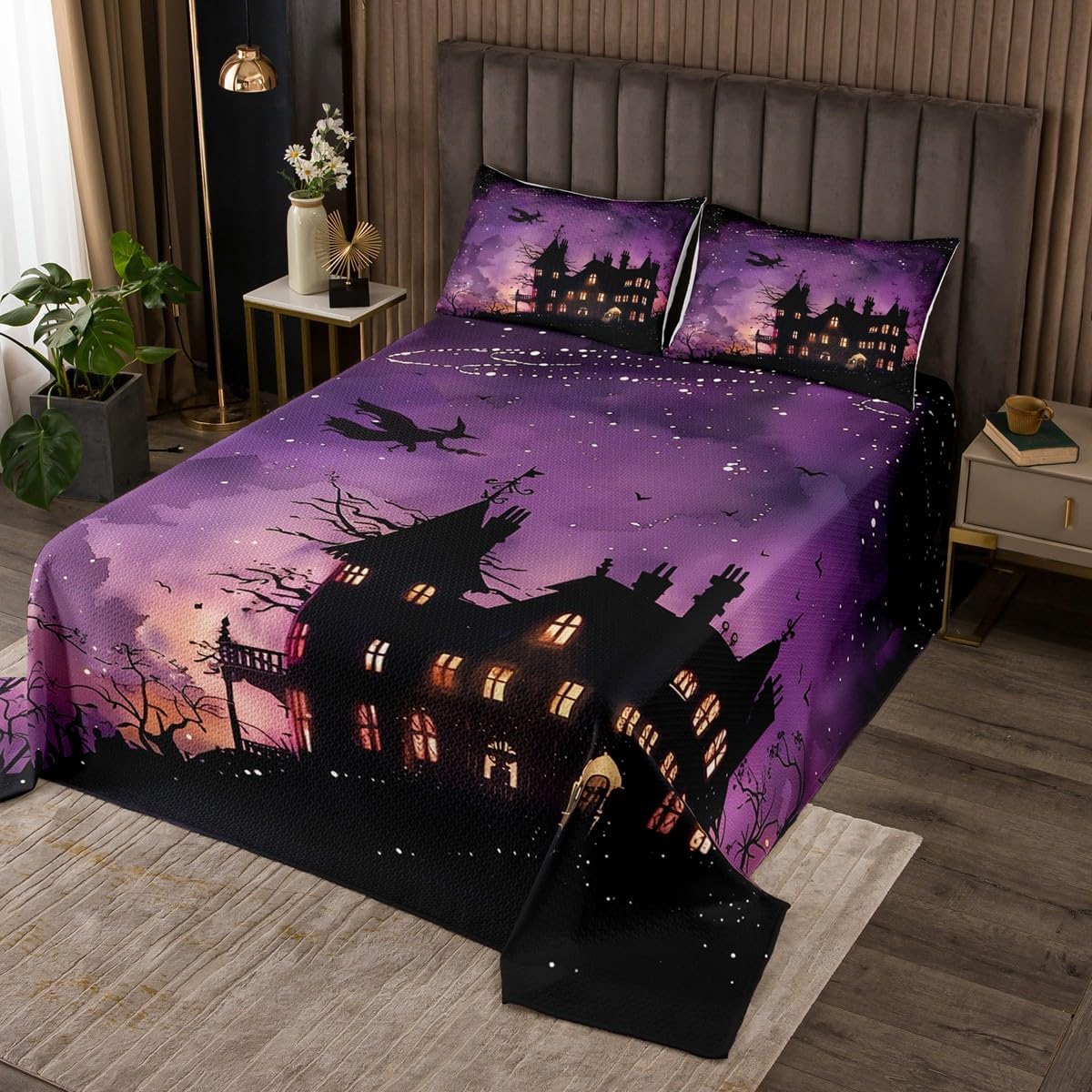 Happy Halloween Bedspread Queen Size,Vintage Old Castle Witch Bats Bedding Set for Kids Boys Teens Girls Room Decor,Purple Starry Sky Glitter Quilt 3Pcs,Tree Branch Coverlet Set,2 Pillowcases