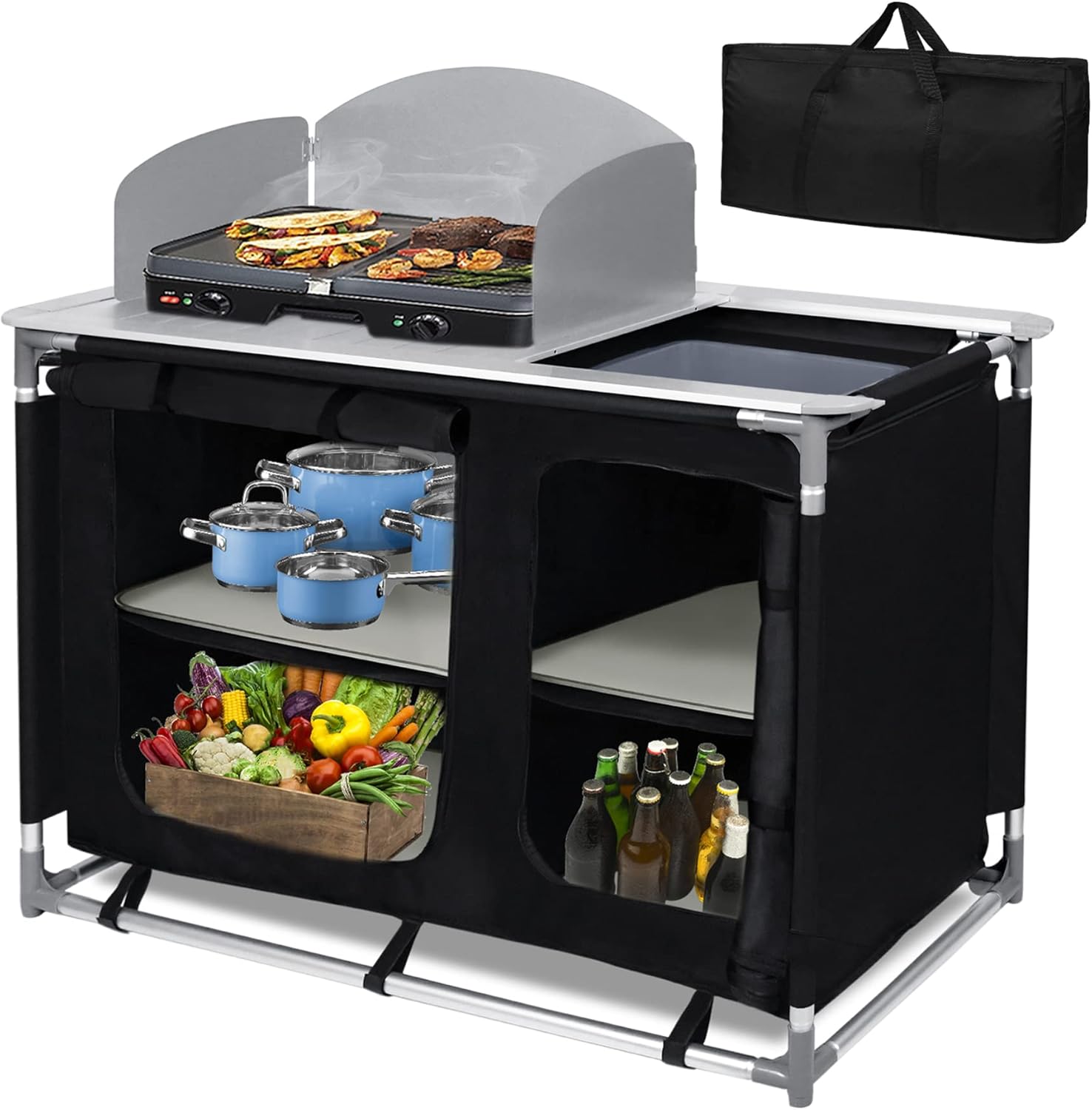 Cuisine De Camping Pliable ECD-Germany - Kaki - Avec Sac De Transport Et Étagères