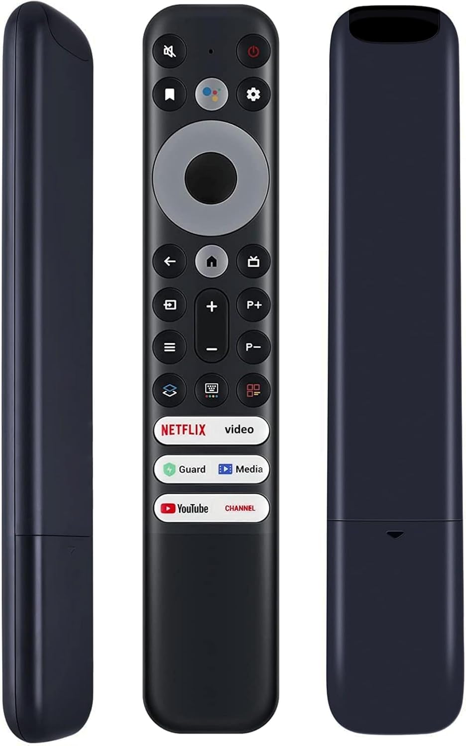 Three views of the Smartby Universal Replacement Remote: side profile, front view, and back view, showcasing its ergonomic design.