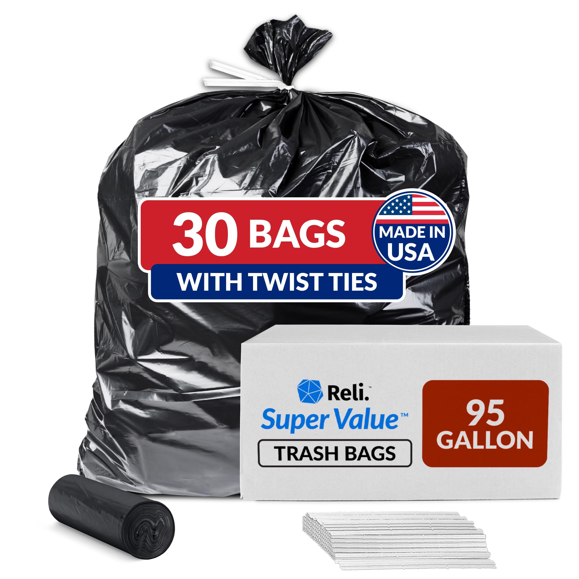 Reli. 95 Trash Bags Heavy Duty | 30 Trash Bags | Super Sizeable for Serious Garbage Cleanup (Black)
