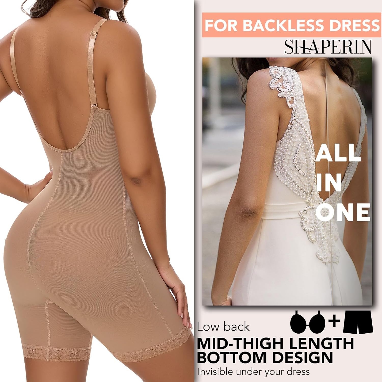 SHAPERIN Women's Backless Shapewear Tummy Control Body Shaper Bra Faja U Plunge Low Back Mid Thigh Bodysuit - Image 2