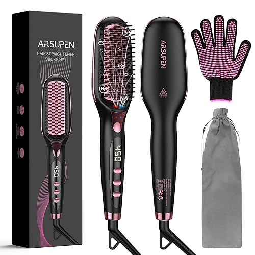 OMTech Cepillo alisador de pelo, cepillo térmico para mujeres con antiquemaduras, bloqueo automático de temperatura y apagado automático,