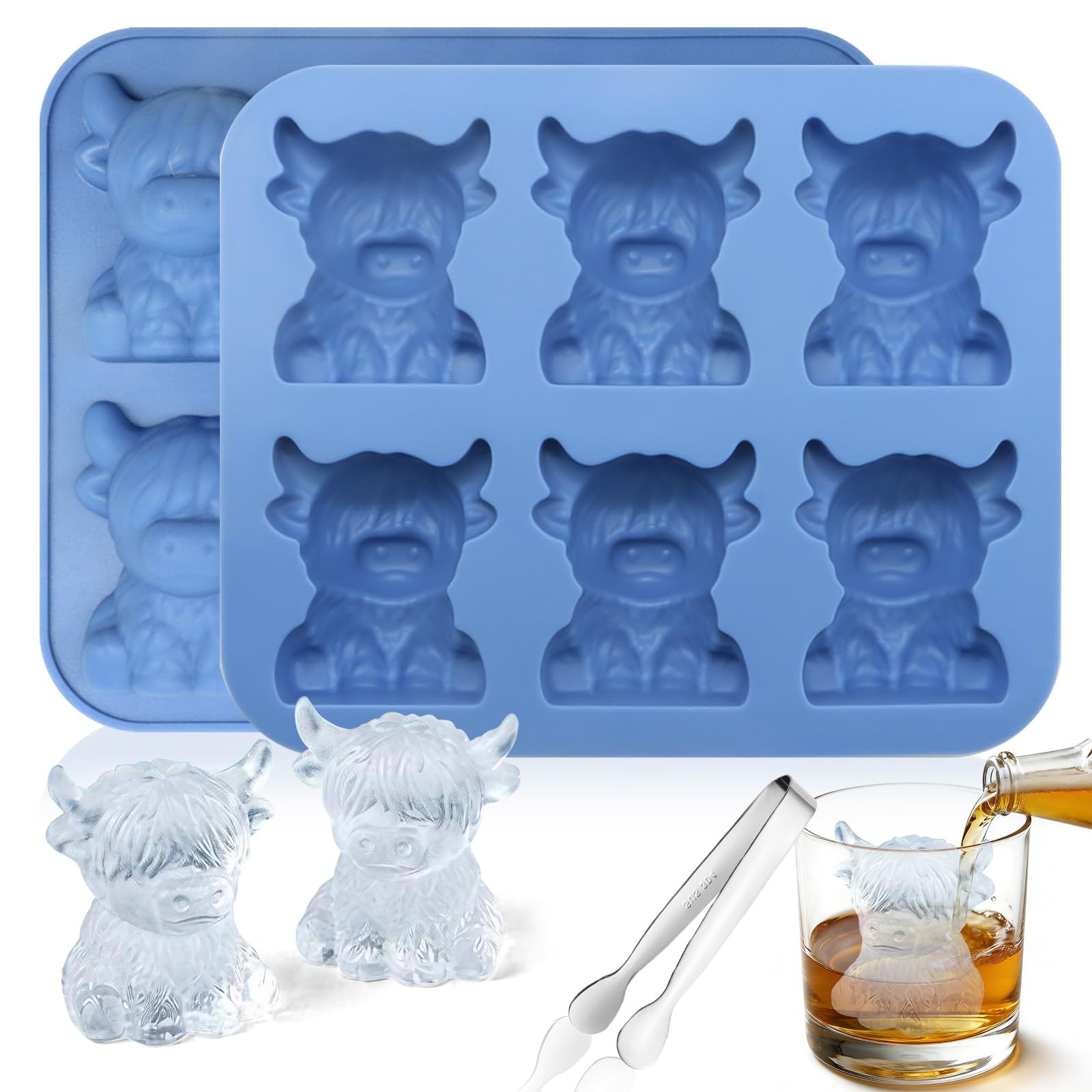 SPOKKI 2 PSC Highland Cow Ice Cube Tray, Odorless 3D Silicone Ice Cube Mold with Ice Tongs for Chocolate, Candy, Homemade Treat, Whiskey, Drinks, Beer, Lovely Gifts for Men Women