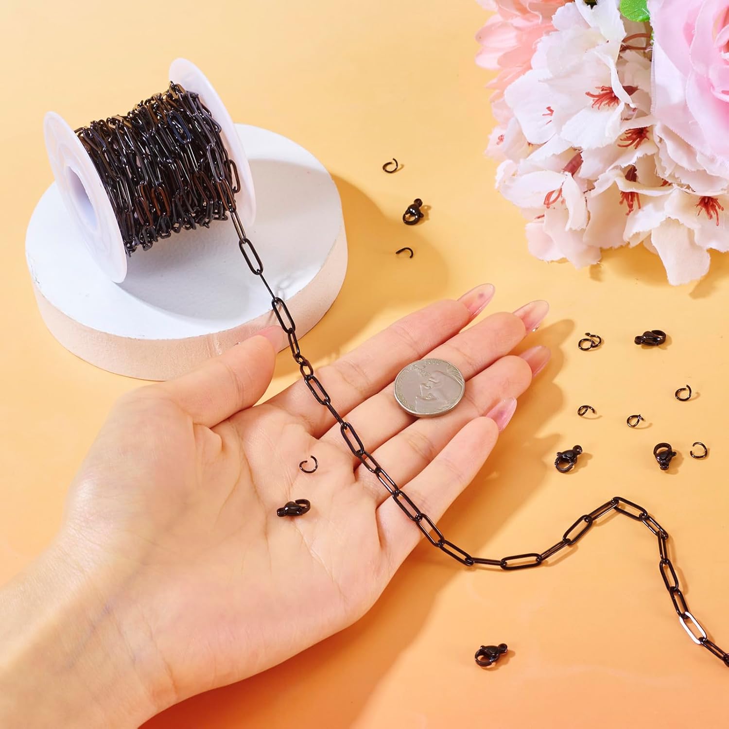 Beadthoven 16.4 Feet 4mm Black Plated Paperclip Chains for Jewelry Making, Stainless Steel Flat Oval Link Chains Jewelry Chain with Lobster Clasps Jump Rings for Women Men Bracelet Necklace DIY Crafts - Image 4