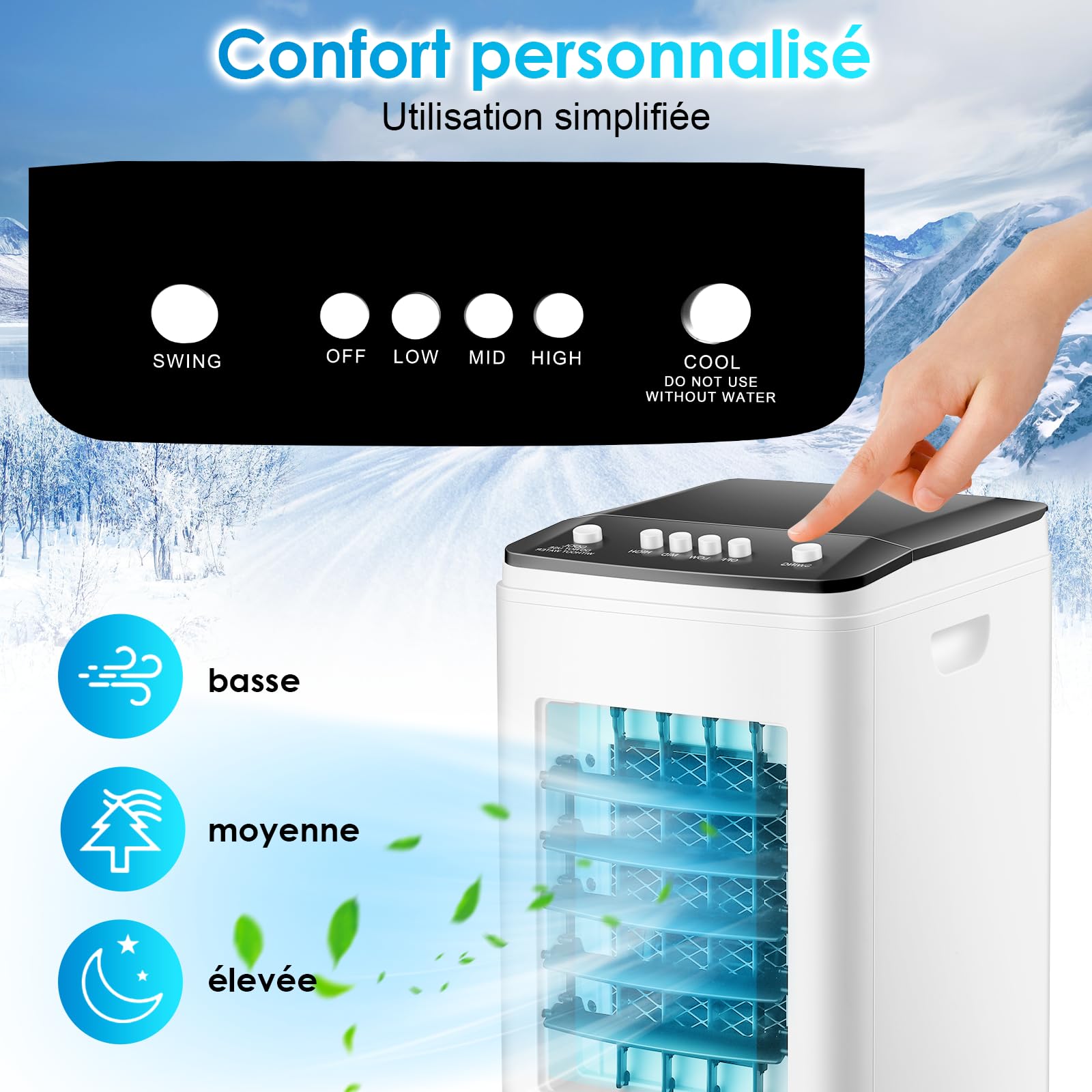 Climatiseur Mobile 3-en-1 Rafraîchisseur d’Air, Réservoir 6L, 3 Blocs Réfrigérants, 60W Économie d’Énergie, 35dB Silencieux, Oscillation 60°, 3 Vitesses, Humidificateur, Ventilateur, Maison, Bureau