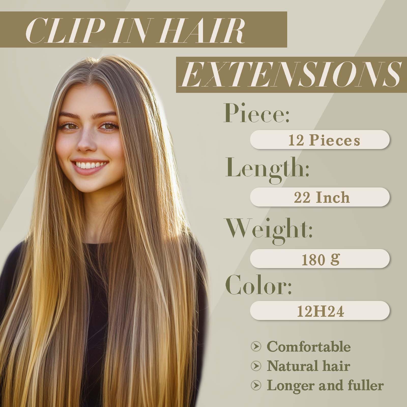 Hair Extensions Clip In 22 Inch Long Straight Clip in Hair Extensions Light Blonde with Golden Highlights Synthetic Fiber 12 PCS 180g Hairpiece for Women - Image 3