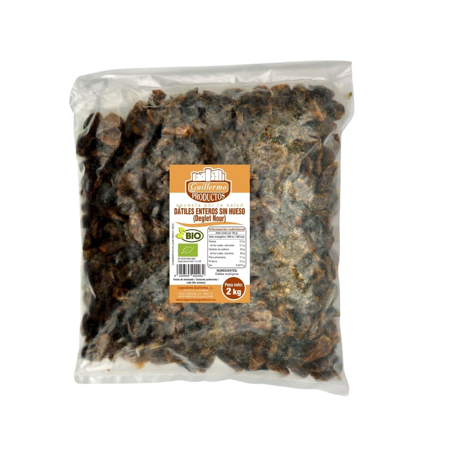 Guillermo | Dátiles enteros sin hueso BIO (Deglet Nour) - Bolsa 2kg. 100% ecológicos | Muy nutritivo y rico en azúcar | Gran poder saciante