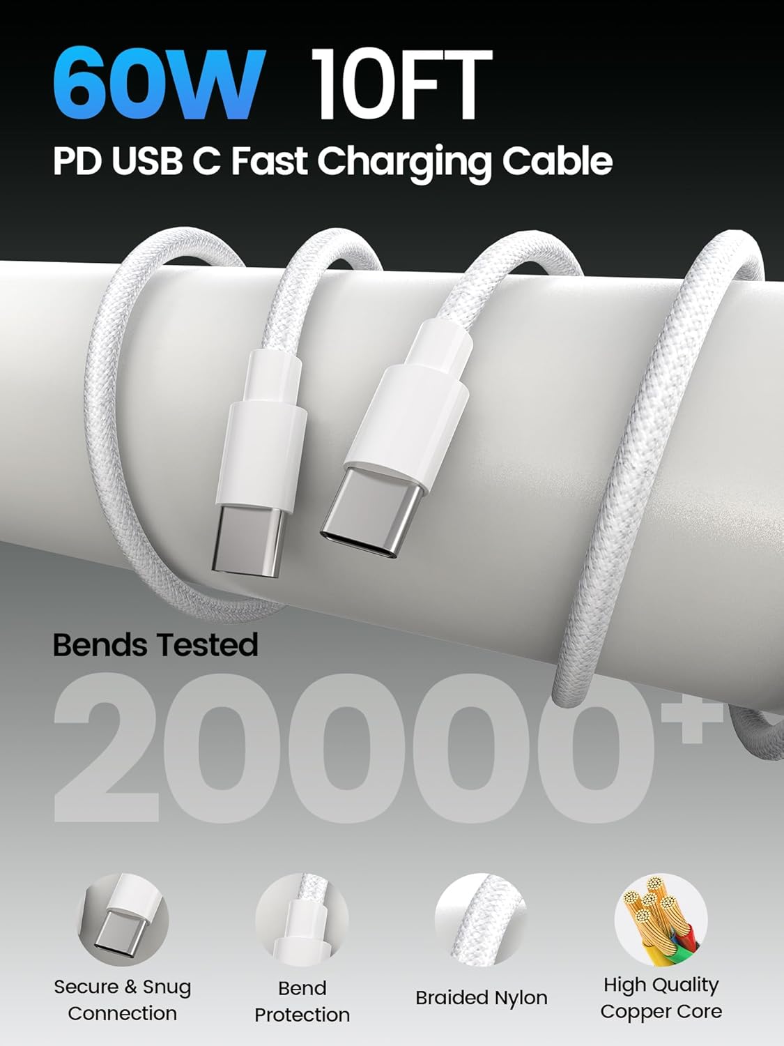 60W USB C Charger Block for iPhone 17 16 15,EIZLXQ 2-Pack USB C Wall Charger with Total 60W Max Output,10FT USB C Cable,Fast Charging Blocks for iPhone 17/16/15 Series,Galaxy,Pixel,iPad-Cream