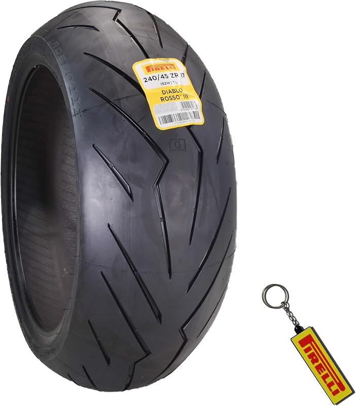 Neumático trasero para motocicleta Pirelli Diablo Rosso III 240/45-17 82W | Neumático deportivo de altas prestaciones para uso en carretera. Construcción duradera, agarre confiable. Incluye llavero. Se adapta a ruedas traseras de 17 pulgadas.