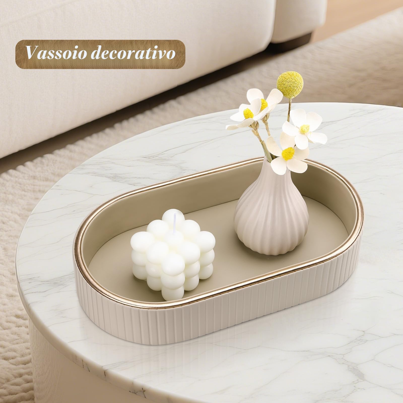 GORESE Vassoio da Bagno, Ovale Vassoio Decorativo in Pelle Vassoio Portaoggetti Vassoio per Profumi Svuotatasche Vassoio da Portata per Bagno,Cucina,Tavolo,Soggiorno,Camera da Letto(Beige)