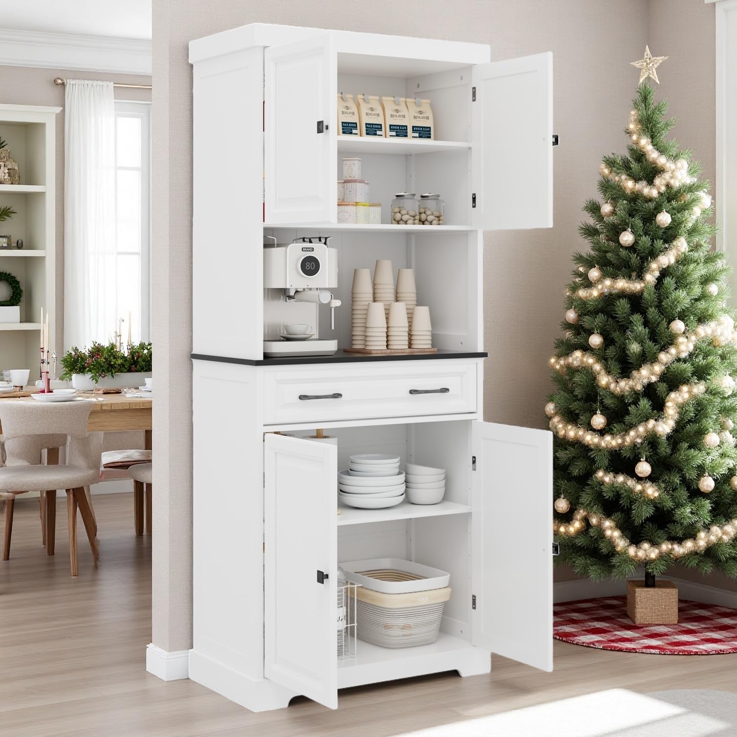 71" Kitchen Pantry Cabinet with Drawer, Kitchen Hutch Cabinet with 4 Doors, Wire Hole & Adjustable Shelves, Tall Bathroom Cabinets Freestanding Cupboard White Wood Storage Cabinets
