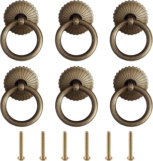 UFURMATE Drawer Handles, 6Pcs Vintage Brass Cabinet Pull Handles Single Hole Dresser Ring Pulls Furniture Knobs for Drawer Cupboard Wardrobe Door