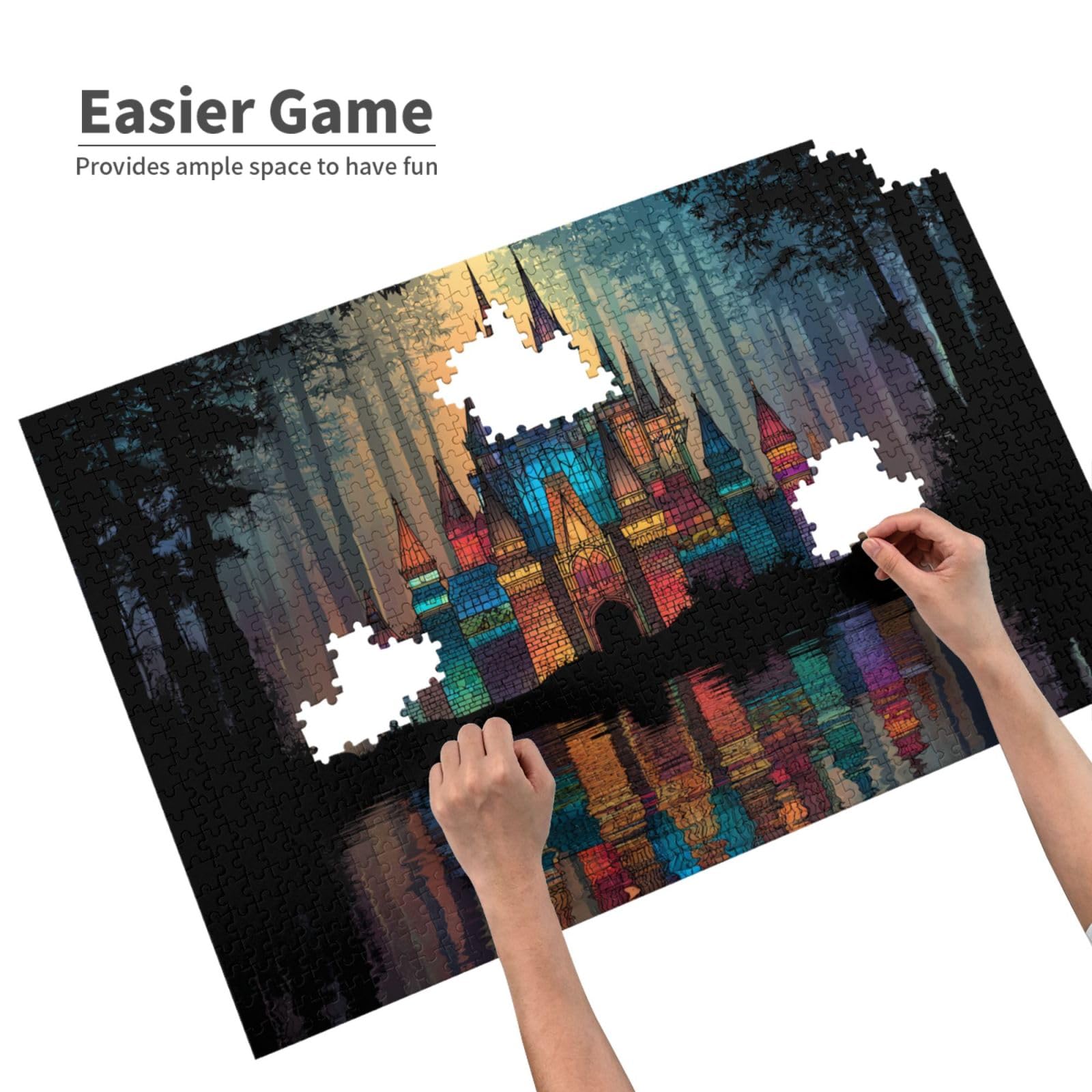 Puzzle pour adultes de 1000 pièces, château fantaisiste dans une forêt luxuriante avec reflet lumineux, convient pour les amateurs de puzzle et les amateurs de contes de fées lors de dîners