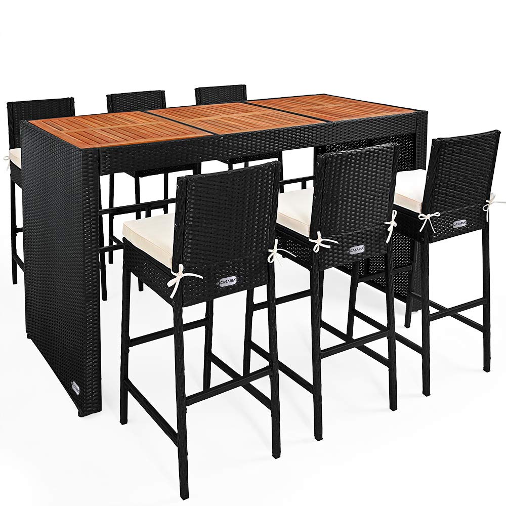 CASARIA Set de Mesa Alta y 6 Taburetes de Bar con Cojines de Asiento de Madera de Acacia Poliratán Negro Muebles de jardín