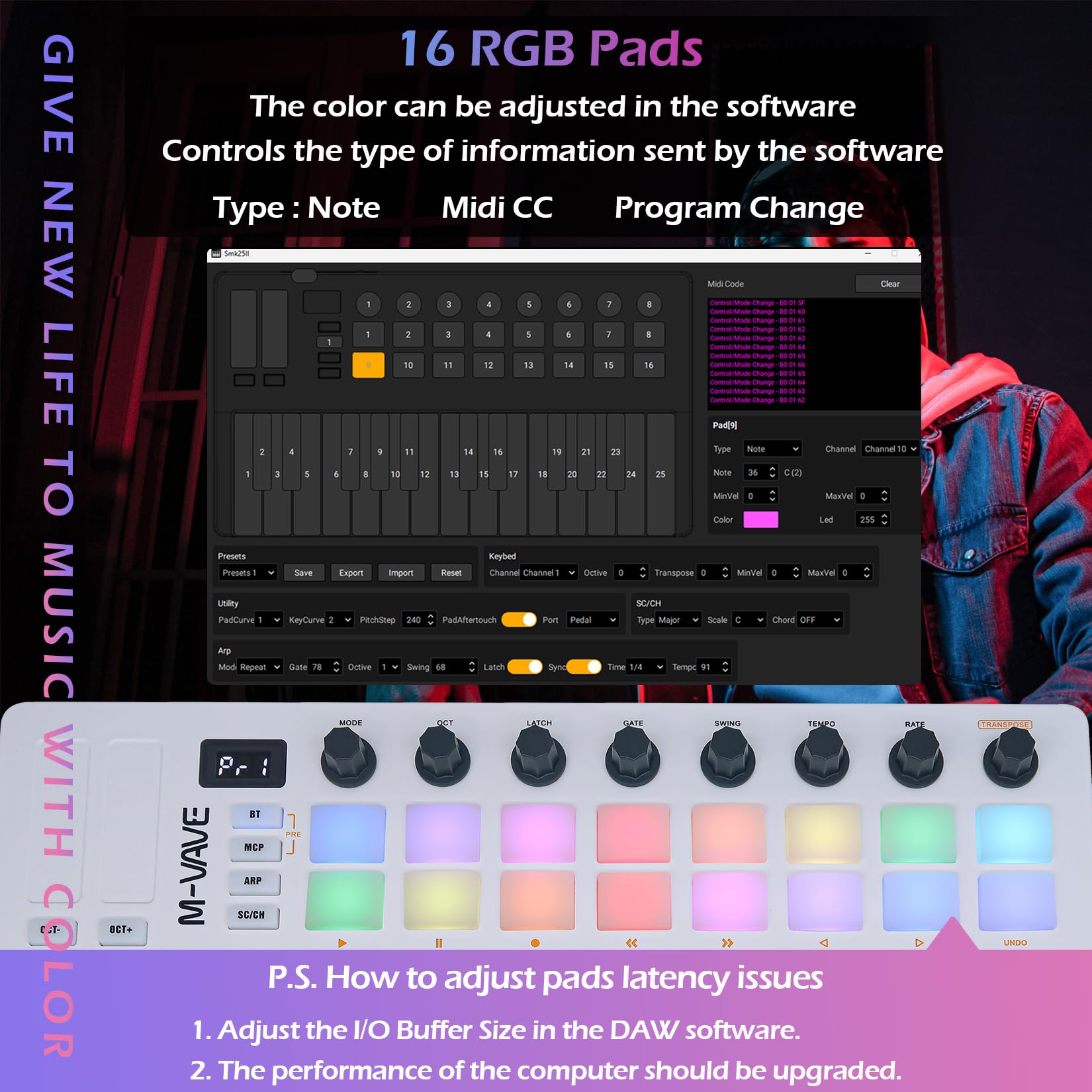 M-VAVE 25 Tasten 16 Backlit Drum Pads MIDI Keyboard - Professioneller Beat Maker und Keytar für Keyboard Musikproduktion Builtin Battery Wireless Connect Weiß