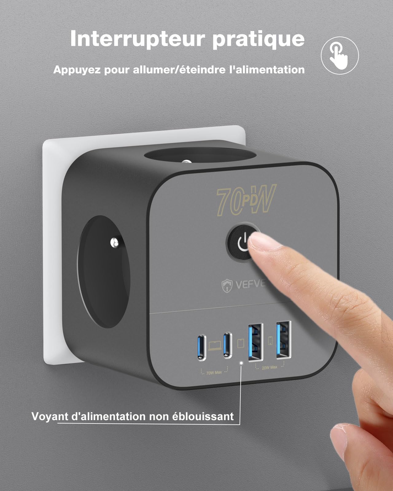 VEFVE Chargeur Rapide USB C 70W, Prise Multiprise Cube 7-en-1 avec Interrupteur, Technologie GaN III, Compatible Ordinateurs Portables, Tablettes et Smartphones