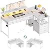 Flrrtenv 140cm Large Computer Desk with 5 Fabric Drawers, Home Office Work Desk with Power Outlets & Monitor Stand, L Shaped Gaming Desk with CPU Stand, Reversible Wooden Corner Desk, White