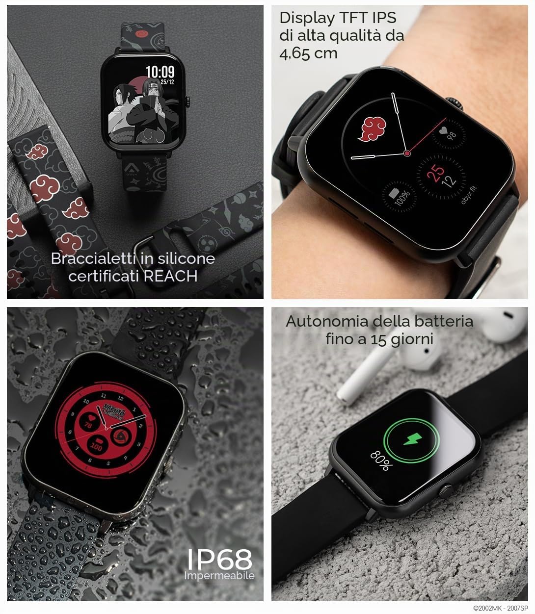 Abyx FIT Touch 3 Naruto Edition Smart Watch - Chiamata Bluetooth, 123 modalità, schermo touch completo TFT 1,83", IP67 impermeabile, funzioni di salute, notifiche push (Itachi)