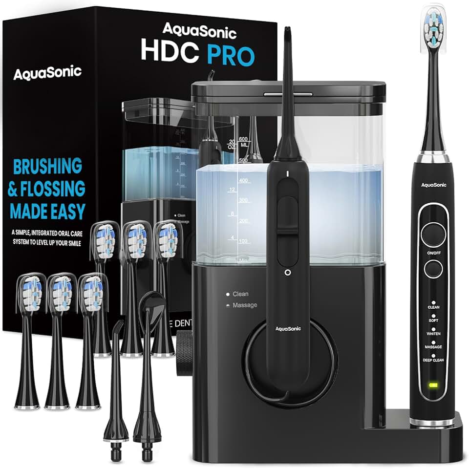 Aquasonic Home Dental Center PRO – Brushing &amp; Flossing Made Easy – Brush &amp; Floss – Power Toothbrush &amp; Water Flosser – Whiter Teeth &amp; Healthier Gums – Black Series Pro+Oral Irrigator Global Recycled Standard