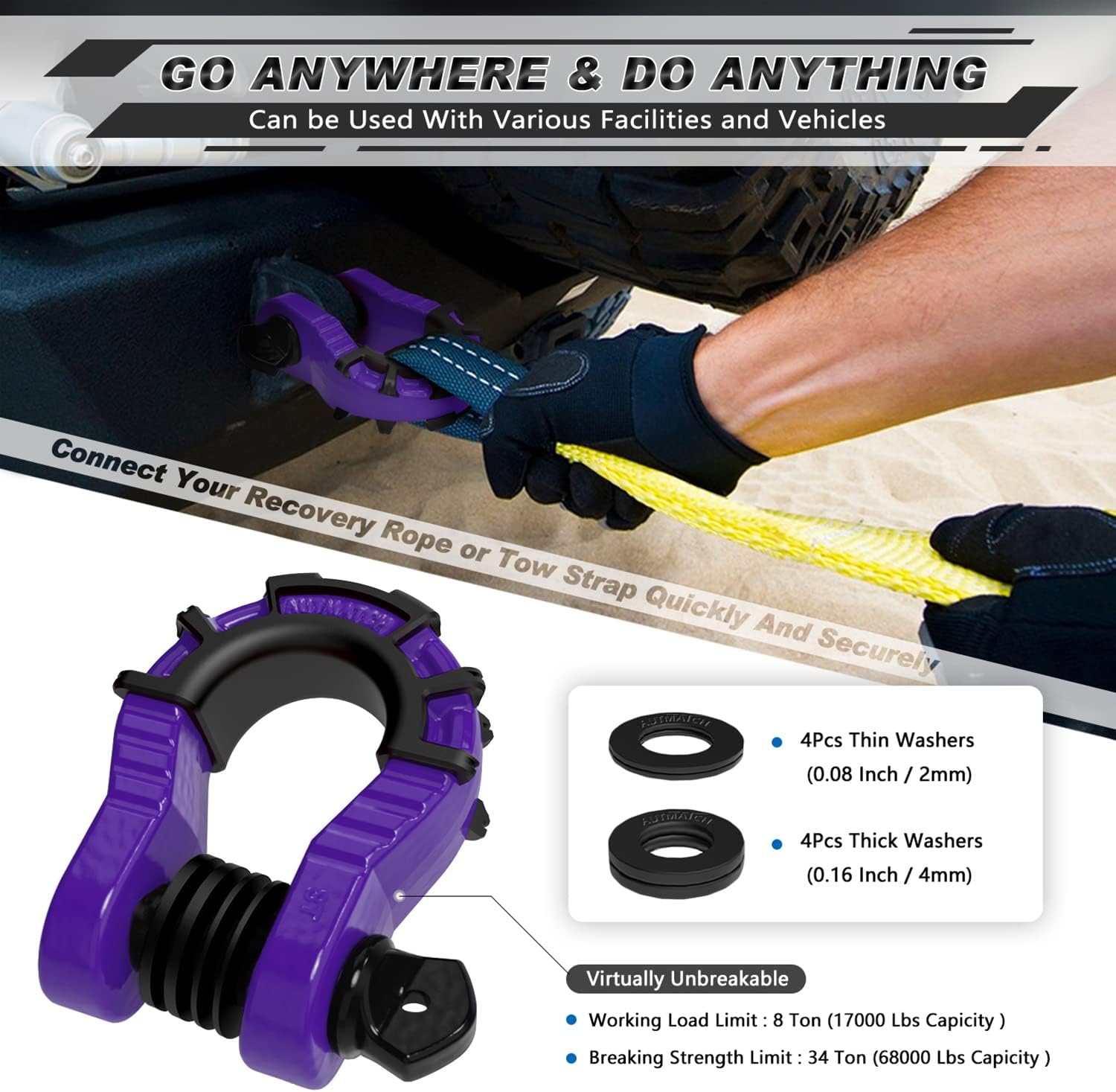 AUTMATCH Mega Shackles 3/4 D Ring Shackle and 2" Shackle Hitch Receiver with 5/8" Trailer Hitch Lock Pin, 68,000 Lbs Break Strength Heavy Duty Receiver Kit for Vehicle, Purple