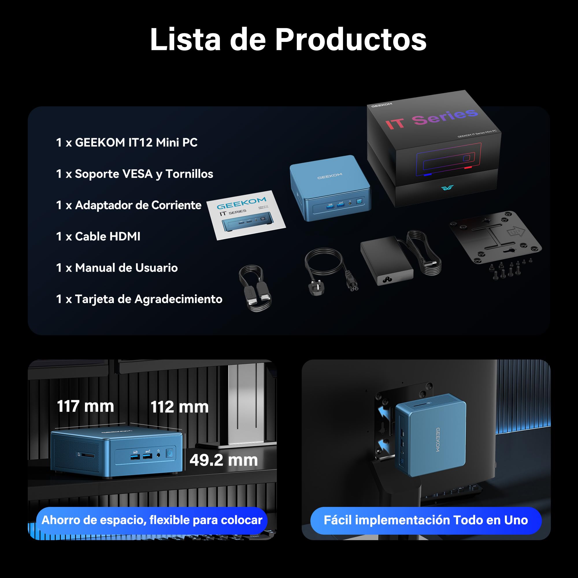 GEEKOM IT12 Mini PC 2026 Edition con Intel i5-12450H, 16GB RAM + 512GB SSD | Mini Ordenador con LAN de 2.5 Gbps, Iris Xe 8K, USB4, Mini PC Empresarial para Servidor Plex y Teletrabajo