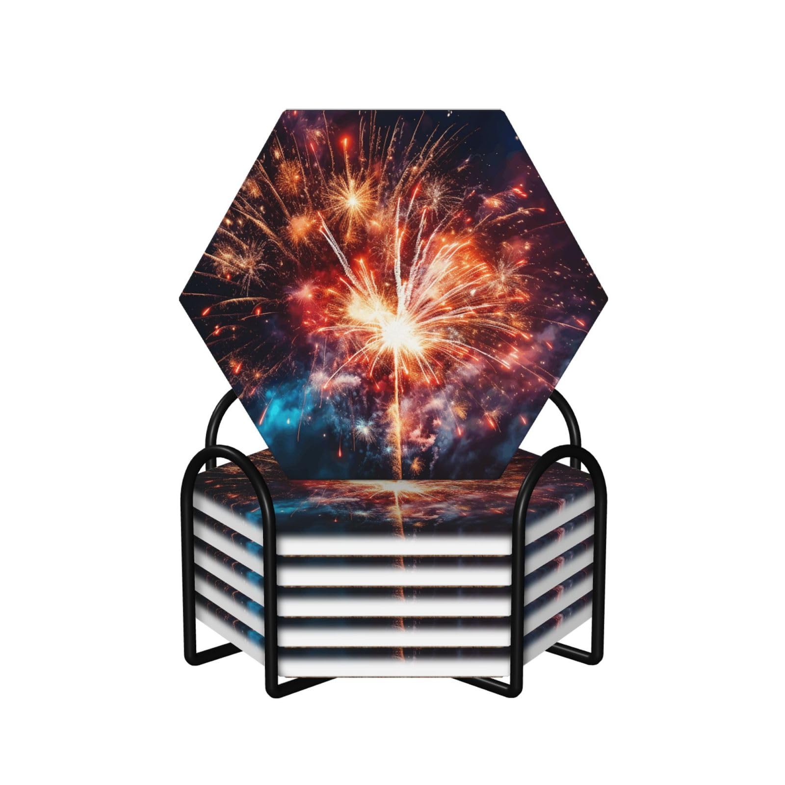 6Pcs Ceramics Coaster for Drinks, Explosion Firework Cup Coasters with Holder, Aesthetic Drink Coasters for Coffee Table, Absorbent Round Coaster for Tabletop Protection 4" Cup Mat Pad