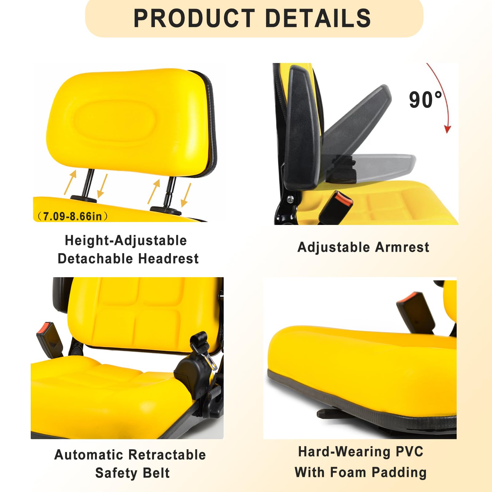 Asiento universal para carretilla elevadora con respaldo ajustable, asiento de tractor de PVC con cinturón de seguridad autorrebotante, asiento amarillo para cortacésped con reposabrazos para