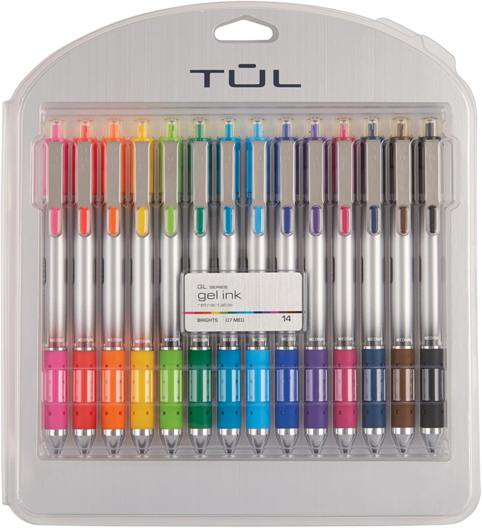 WHJJK TUL Retractable Gel Pens, Bullet Point, 0.7 mm, Gray Barrel, Assorted Standard and Bright Ink Colors, Pack of 14, SG_B01NBW93N6_US