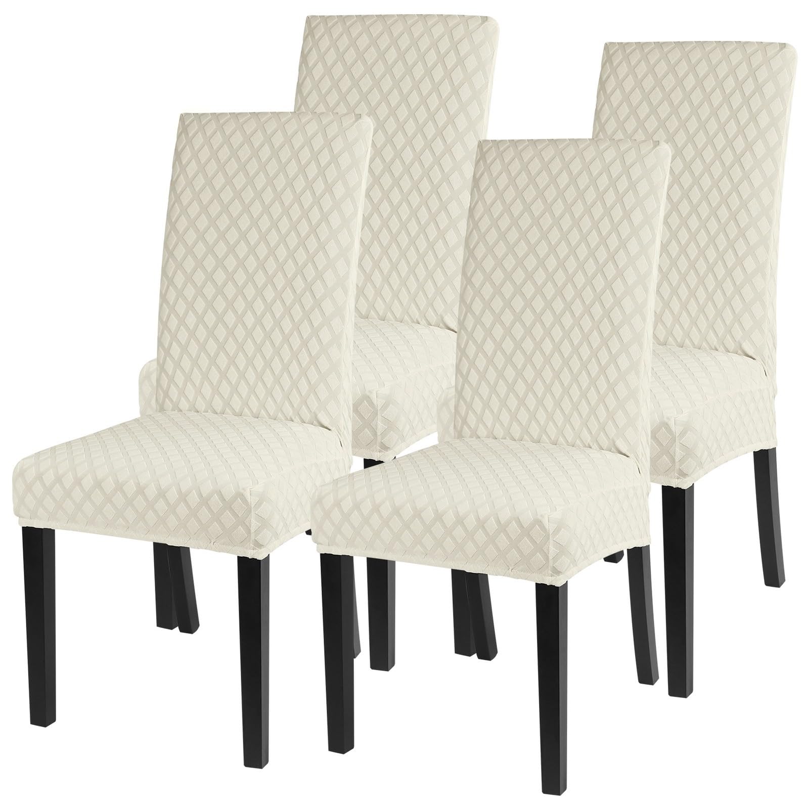 SearchI Dining Room Chair Covers Set of 4, Stretch Jacquard Parsons Chair Slipcovers Super Fit Removable Washable Kitchen Chair Protector Cover for Dining Room, Hotel, Ceremony (Cream)