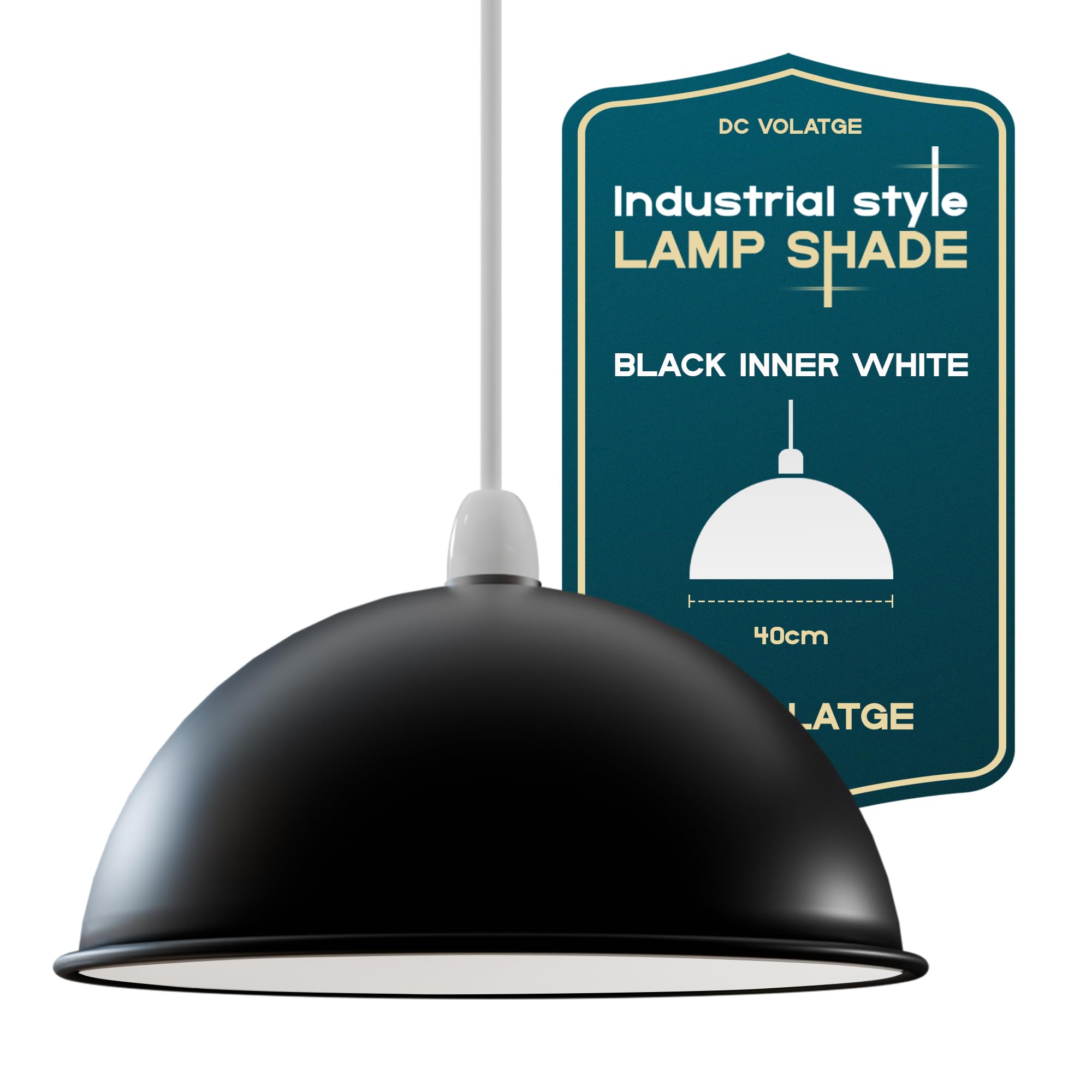 Retro Industrial Ceiling Light Shades, 40CM Black Innner White Rustic Metal Dome Easy Fit Vintage Shades for Replacement Pendant Lighting Wall Lamps Table Lamps Bedroom, Kitchen, Office, Living Room