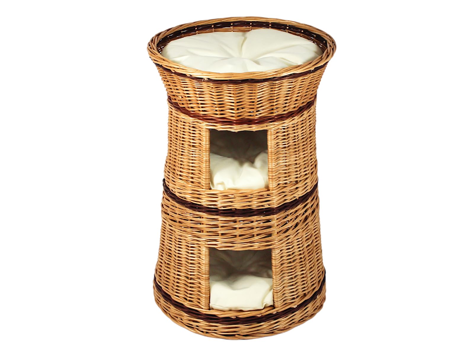 Cesta de mimbre de tres niveles para gatos y perros, color mimbre natural, con cojín, color beige