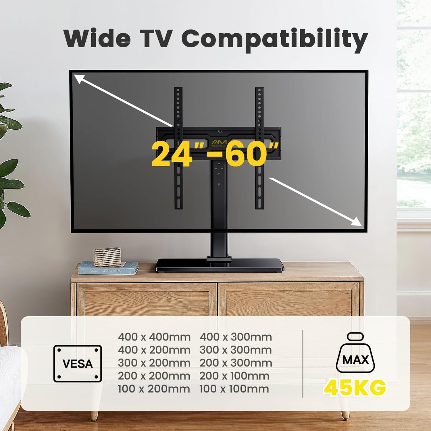 Soporte Giratorio para TV Sobremesa Universal para TV de LCD LED OLED de 24-60 Pulgadas – Soporte Pie de Altura Ajustable, Máxima de 45kg, VESA Máx. de 400×400 mm 3
