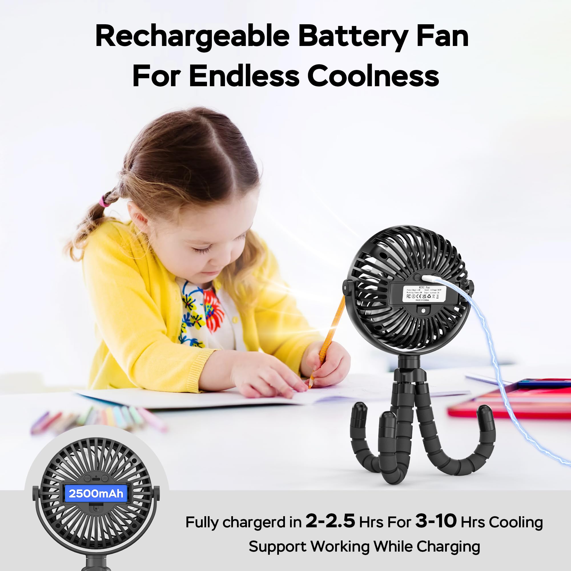 Ventilateur polyvalent ultra silencieux à clipser avec trépied flexible, flux d'air puissant, rotatif à 360 °, portable USB pour poussette et siège de voiture