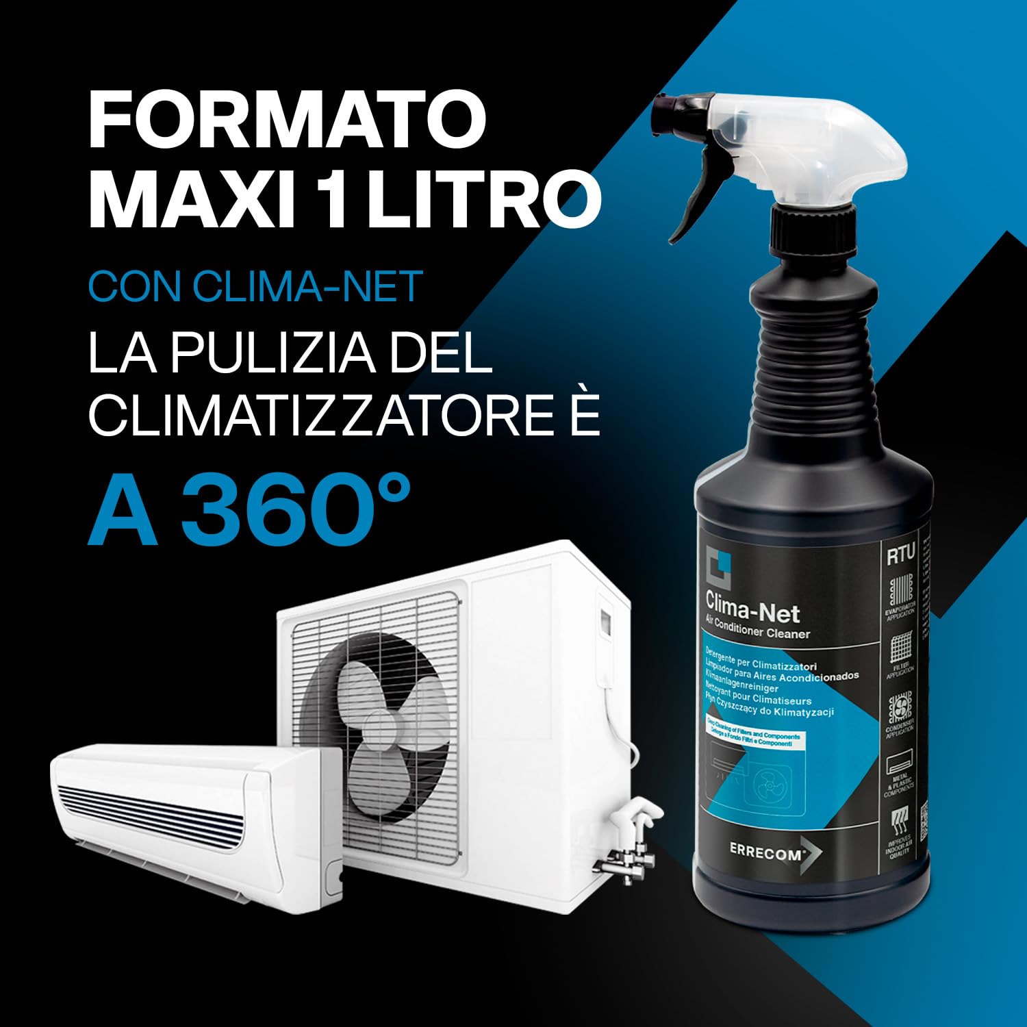 Errecom Clima-Net, Maxi Formato 1 Litro, Detergente per Climatizzatori, Filtri, Batterie Alettate, Deflettori e Unità esterne, Pulizia Profonda Condizionatore, Rimuove Sporco e Cattivi Odori, 1 L