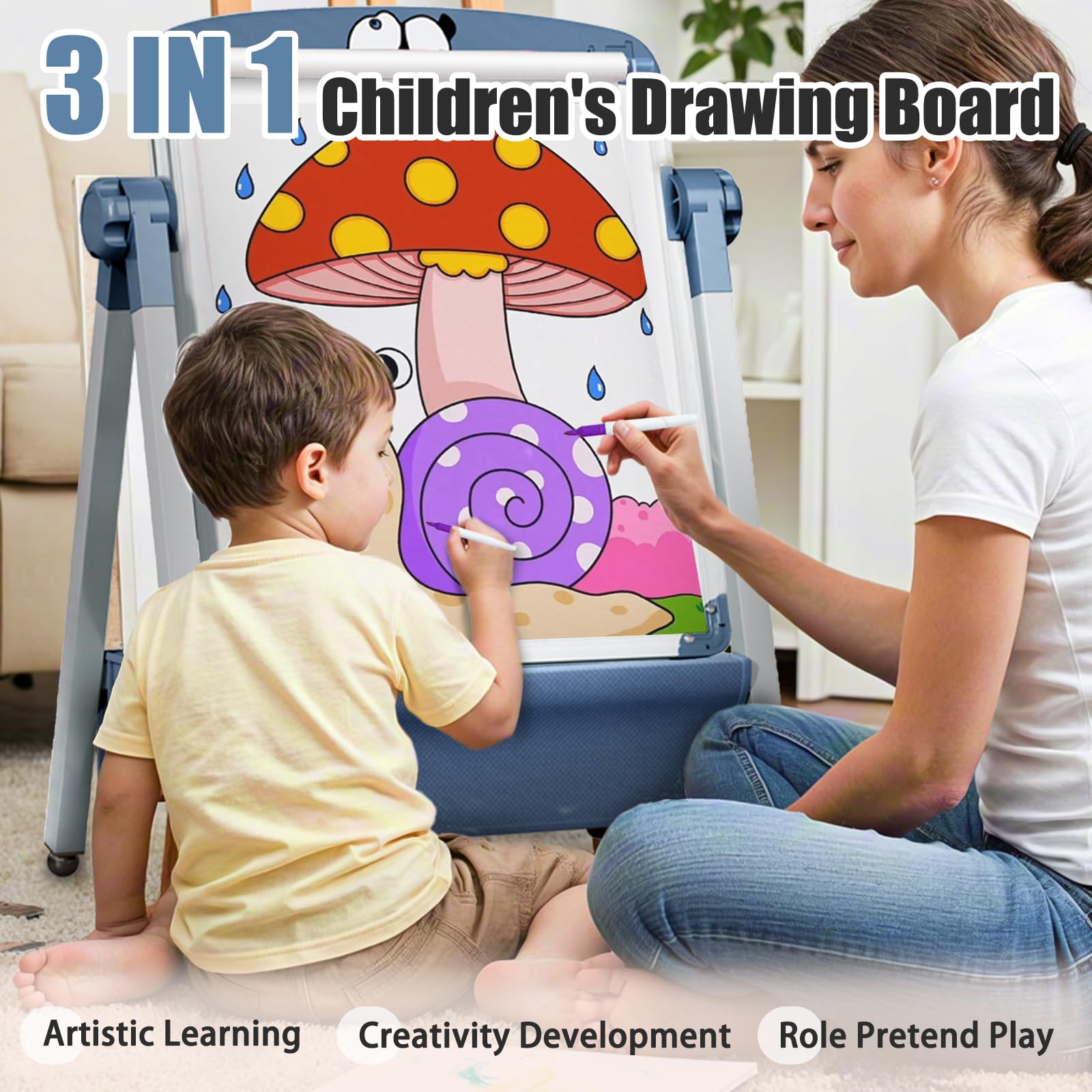 Chevalet Pour Enfants avec Rouleau de Papier 3 en 1 Double Face planche à dessin pliable, hauteur réglable Rotatif à 360 ° tableau blanc et noir avec lettres et chiffres pour garçons et filles
