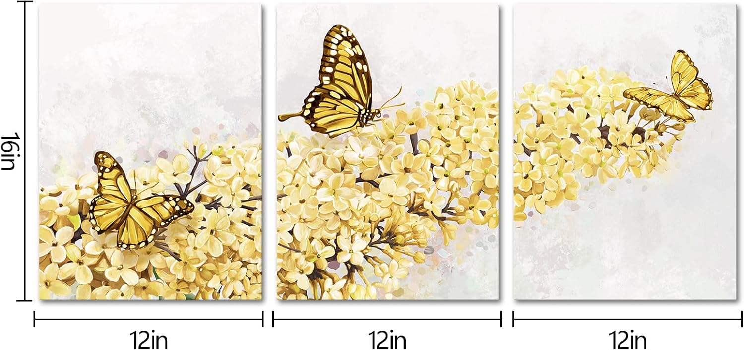 HOMEOART Butterfly and Flower Canvas Wall Art Floral Picture Bathroom Wall Decor Bedroom Art Farmhouse Kitchen Wall Decor, 12x16inchx3Pieces Framed (Yellow)