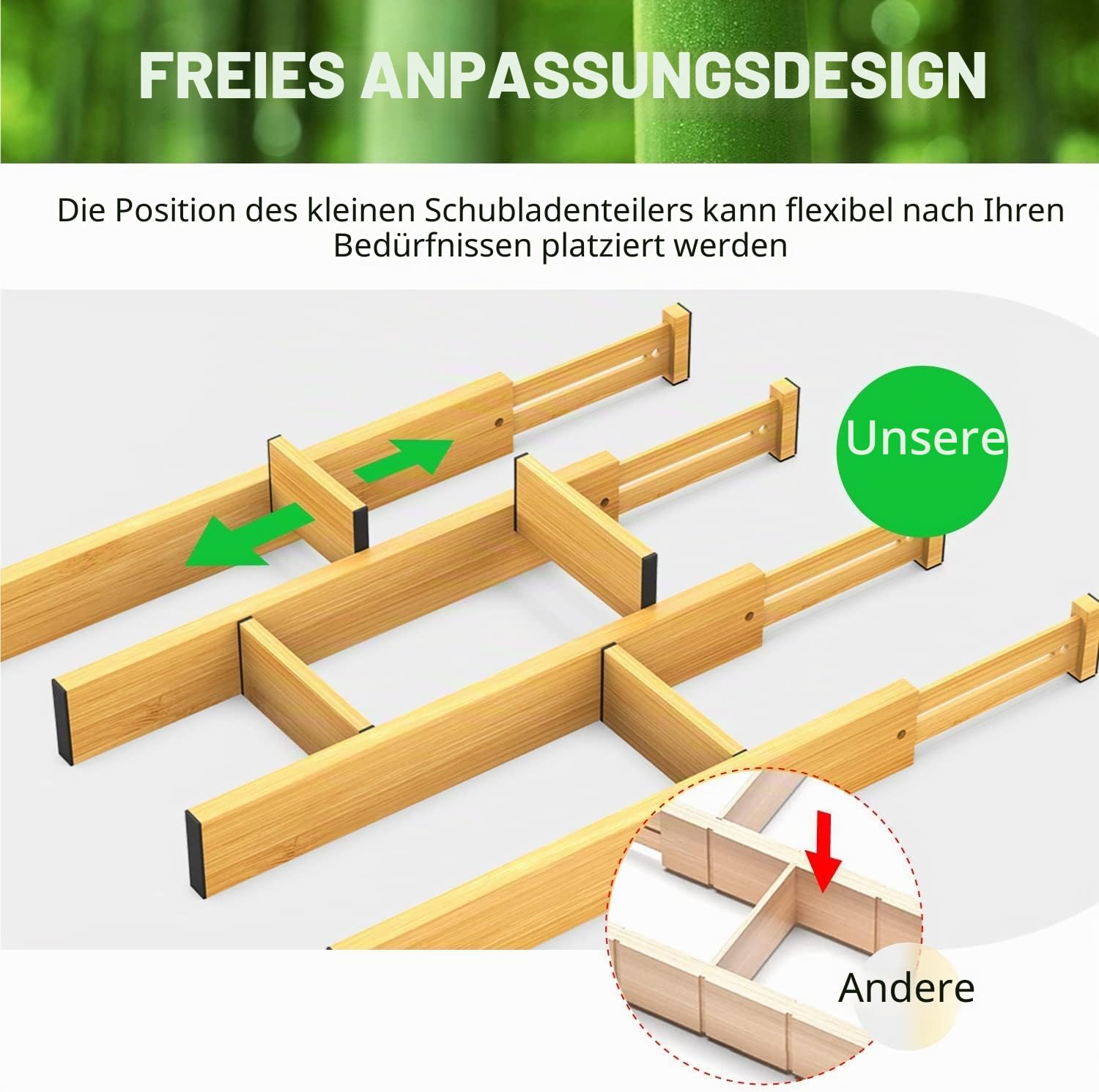 ANTOWIN Schubladentrenner Verstellbar Bambus (33-43 cm), Schubladen Organizer, Gefedert, Küche, Kommode, Badezimmer, Schlafzimmer, Babyschublade, Schreibtisch Ordnungssystem
